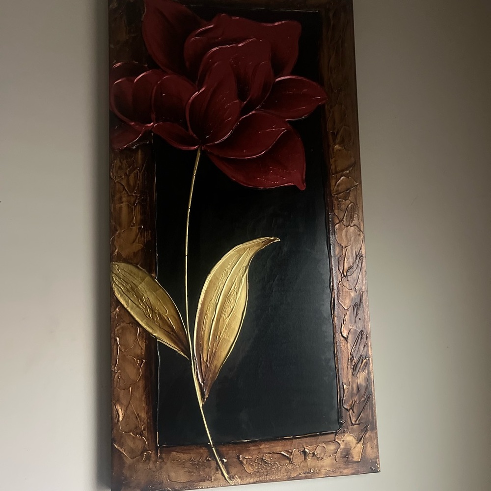 Floral Wall Art with Red Flower and Gold Leaves